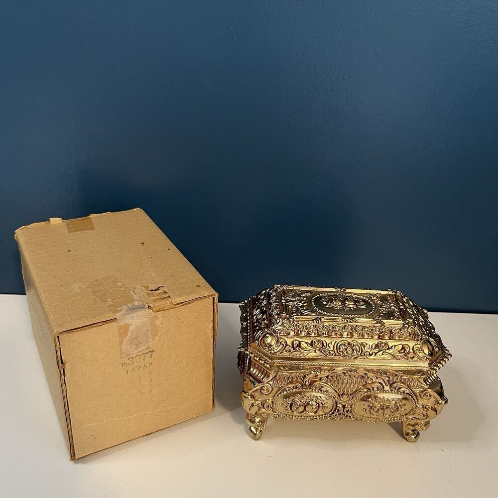 Vtg Himark Casket Jewelry Box Gold Tone Metal Red Lined Roses Footed 5” Japan
